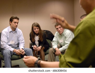 Employees Of A Company Listening To A Presentation During An Off Site Team Building Retreat, Westchester, New York, April 22, 2016