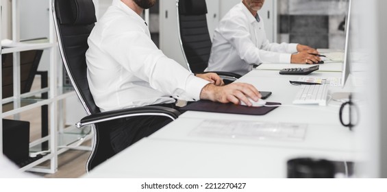 Employees Of The Company At Work In The Office. Workplace And Everyday Moments And Responsibilities. Phone Calls, Customer Interaction And Computer Work