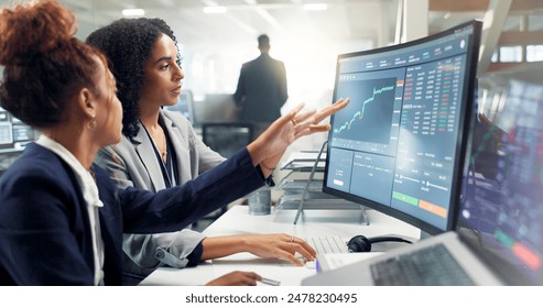 Employees, computer and night for finance, stock market and graphs on screen for data analytics. Business people, collaboration and teamwork or support, training and statistics on investment revenue - Powered by Shutterstock