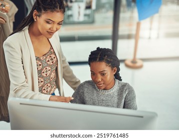 Employees, computer and plan for fashion design, teamwork and website to upload clothing product. Women, partnership and online trade for company, conversation and email clients with order in office - Powered by Shutterstock