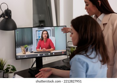 Employees Discussing Company Project With Business Partner On Videocall, Talking About Strategy. Coworkers Chatting With Client On Videoconference, Remote Job Interview, Online Briefing