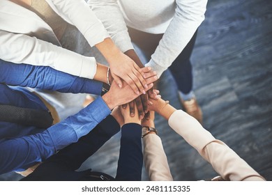 Employees, office and pile of hands for support with smile for growth or deal, teamwork and collaboration. People, business and unity for group achievement with commitment and team building.