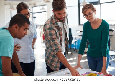 Employees, sticky notes and creative thinking in office, meeting and ideas for website design. Business people, discussion and paper for plan on user experience, conversation and team at agency