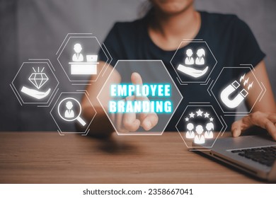Employer branding concept, Person hand touching employer branding icon on virtual screen.
