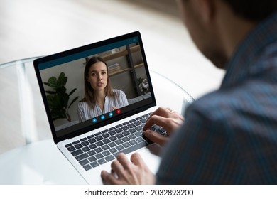 Employer And Candidate Having Remote Job Interview On Virtual Conference Chat. Coworkers Meeting Online, Making Work Video Call On Laptop Man Watching Learning Webinar, Training From Teacher, Coach