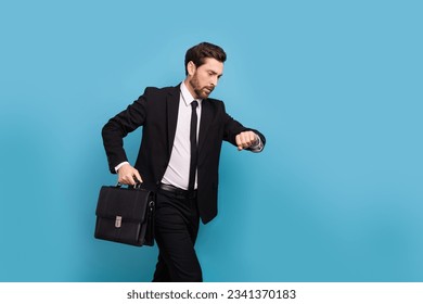 Employer executive director photo of run young politician leader group hurry hold suit bag check watches isolated on blue color background