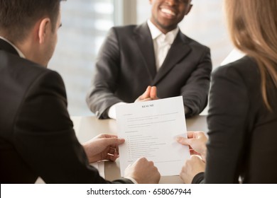 Employers Or Recruiters Review Cv Of Black Confident Job Applicant Smiling At Background During Employment Interview, Good Resume Template Writing Tips, Hire Me, Starting Building Career, Close Up