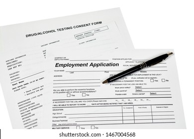 Employment Application With A Drug, Alcohol Test Consent Form And Drub Abuse Panel Lab Report Isolated On White