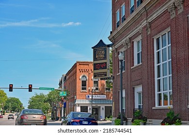 EMPORIA, KANSAS - AUGUST 2, 2022
Temperature Marquee Sign At Citizens National Bank Building Reading 104 Degrees Today With An Heat Index Of 110 