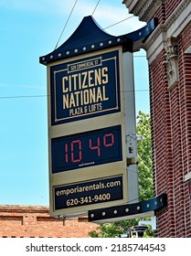 EMPORIA, KANSAS - AUGUST 2, 2022
Temperature Marquee Sign At Citizens National Bank Building Reading 104 Degrees Today With An Heat Index Of 110 