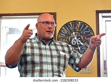 EMPORIA, KANSAS - JULY 24, 2022
Mike Brown Candidate For Kansas Secretary Of State Addressing The Lyon County Republican Picnic Delivers His Campaign Platform Issues. 