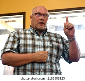 EMPORIA, KANSAS - JULY 24, 2022
Mike Brown Candidate For Kansas Secretary Of State Addressing The Lyon County Republican Picnic Delivers His Campaign Platform Issues. 