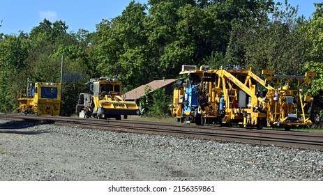 EMPORIA, KANSAS - October 7, 2021
Railroad Track Maintenance Is Performed By Burlington Northern Santa Fe Repair Crew Using A Ballast Regulator To Make The Tracks And Roadbed More Durable And Level.  