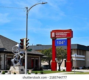 EMPORIA, KANSAS, USA - AUGUST 2, 2022
Temperature Marquee Sign At Community National Bank And Trust Building Reading 104 Degrees Today With An Heat Index Of 110 