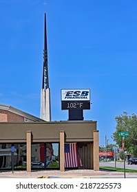 EMPORIA, KANSAS, USA - AUGUST 6, 2022
Temperature Marquee Sign At The Emporia State Bank  Reading 102 Degrees Today With An Heat Index Of 106 