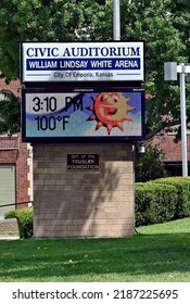 EMPORIA, KANSAS, USA - AUGUST 6, 2022
Temperature Marquee Sign At The Civic Auditorium Reading 100F  Today At 3:10pm With An Heat Index Of 105 