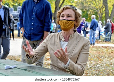 Emporia, Kansas, USA, October 16, 2020
Dr. Barbara Bollier Democratic Senatorial Candidate Who Is Campaigning For Sen. Pat Roberts Seat Holds A Town Hall Rally In Fremont Park With Local Constituents.