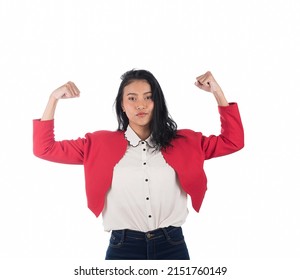 An Empowered Woman With Asian Features, Wearing A Red And White Cloth  On Isolate White Background Studio Portrait. 