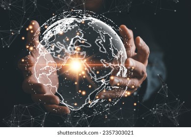 Empowering Business Intelligence, A man utilizes a digital interface to analyze big data, unlocking strategic advantages in global economy. world map composition signifies interconnected of business.