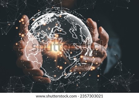 Empowering Business Intelligence, A man utilizes a digital interface to analyze big data, unlocking strategic advantages in global economy. world map composition signifies interconnected of business.