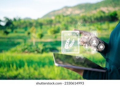 Empowering Farming: Farmer's Technological Touch - Managing and Analyzing the Farm through Virtual Screen on Tablet - Shutterstock ID 2330614993