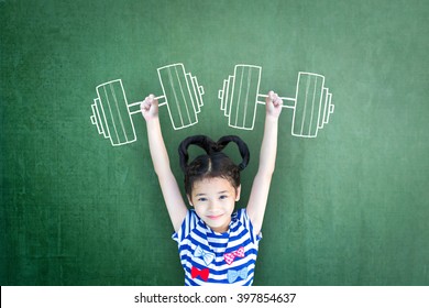 Empowering Woman And Girl Gender Rights Concept For International Day Of Girl Child, And Sports For Development And Peace With Healthy Strong Kid With Dumbbell Exercise Doodle On School Chalkboard