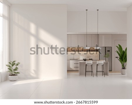 Emptry room .Spacious and minimalist open-plan interior with a large empty wall and white flooring and a modern kitchen island. 3d render