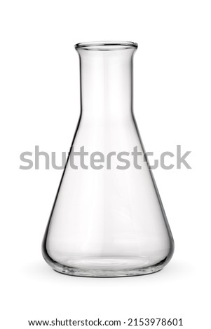 Empty 250 ml Erlenmeyer chemical flask isolated on white background.