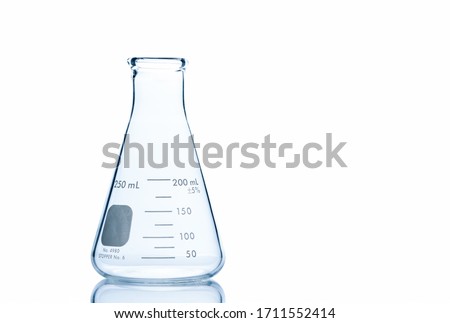 Empty 250  ml. Erlenmeyer flask on reflective isolated on  white background with clipping path, Chemical laboratory glassware and Scientific equipment concept