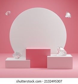 Empty 3d Podium With Diamond And In Pink Composition. Minimalist Mockup, Abstract Showcase Background. Concept 3d Render