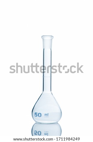 Empty 50  ml. Erlenmeyer flask on reflective isolated on  white background with clipping path, Chemical laboratory glassware and Scientific equipment concept