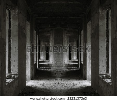 Empty abandoned hallway tunnel passage with debris. Abandoned haunted asylum interior. abandoned empty hallway of classic hotel corridor. background in perspective.
