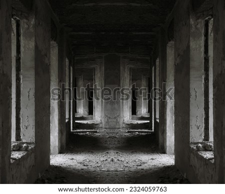 Empty abandoned hallway tunnel passage with debris. Abandoned haunted asylum interior. abandoned empty hallway of classic hotel corridor. background in perspective.