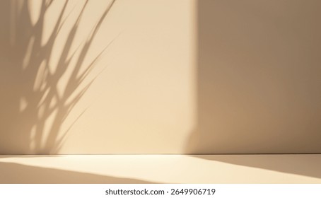 Empty Abstract background Shadow, mock up scene. Sunshade shadow on the wall and floor. Beige Minimalist Cosmetics or skin care backdrop for products presentation. free space for text
