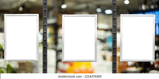 Empty Advertising Boards In Liquor Store Showcase. Glassy Showcase On The Street. Background For Mockup