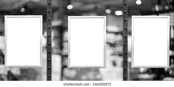 Empty Advertising Boards In Liquor Store Showcase. Glassy Showcase On The Street. Background For Mockup