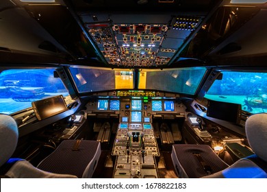 Empty Aeroplane Cockpit Interior Night