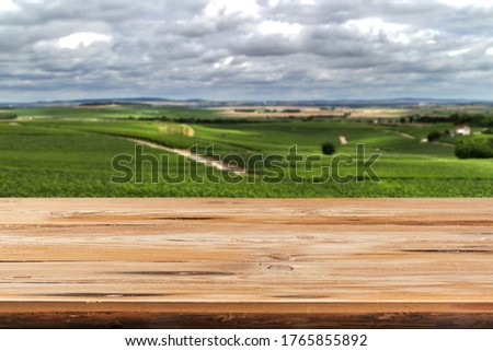 Empty aged harsh wooden table suface on a blurred countryside natural background for display and montage your products.