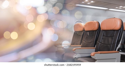 Empty Aircraft Seats And Windows, Passenger Seat Interior Airplane, Chair On Plane, Cabin With Modern Leather Chair, Travel And Airline Business Conept