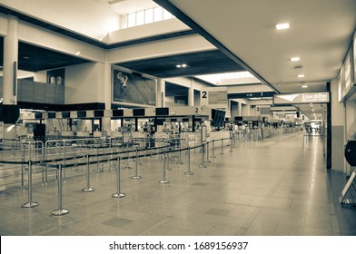 Empty airport terminal Airlines stopping an operations, Check-in counters in the terminal at Don mueang International Airport closed during coronavirus disease (Covid-19). Mar 2020, Bangkok Thailand. 