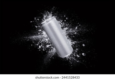 Empty aluminium can mockup with flying ice cubes and splash isolated on black background. - Powered by Shutterstock