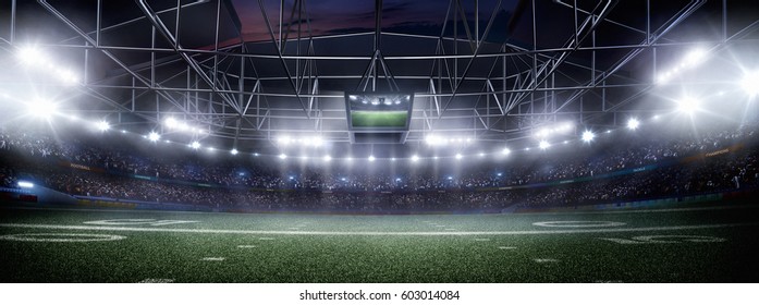 Empty American Football Stadium 3D In Light Rays At Night Render