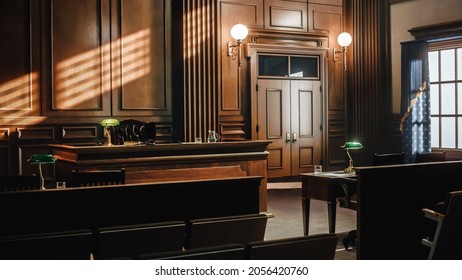 Empty American Style Courtroom. Supreme Court of Law and Justice Trial Stand. Courthouse Before Civil Case Hearing Starts. Grand Wooden Interior with Judge's Bench, Defendant's and Plaintiff's Tables. - Shutterstock ID 2056420760