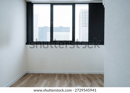 Empty Apartment Interior With City Window, Oak Wood Floor, Neutral Painted Walls, Soft Natural Light, Skyline View Through Black Frame, Modern Minimalist Vibe, Ideal For Realty Listing And MoveIn