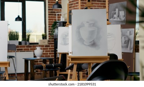 Empty art class with artistic equipment and canvas with easel to learn new skills for personal development. Nobody in classroom used for contemporary drawing practice, creative hobby. - Powered by Shutterstock