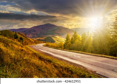 Empty asphalt mountain road with near the coniferous forest with cloudy sky in evening light