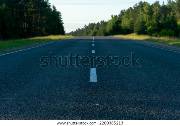 Empty asphalt road close-up against the background\
of the forest. Empty background, space for text. New asphalt\
concrete pavement in rural\
areas.