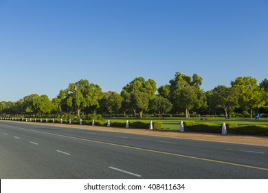 Empty Asphalt Road In Delhi Near India Gate.