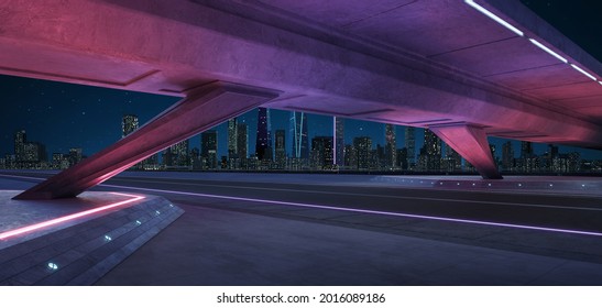 Empty asphalt road under the bridge during the night with beautiful city skyline background . - Powered by Shutterstock