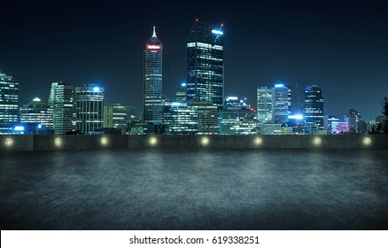 Empty Asphalt Roof Top With Modern City Skyline , Night Scene ,Perth , Australia .